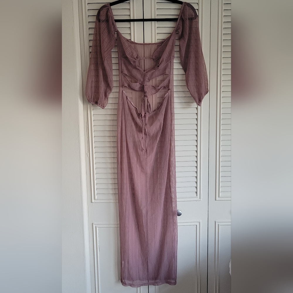 Mauve Sheer Mesh Shimmer Off Shoulder Longsleeve Cutout Front Tie Maxi Dress